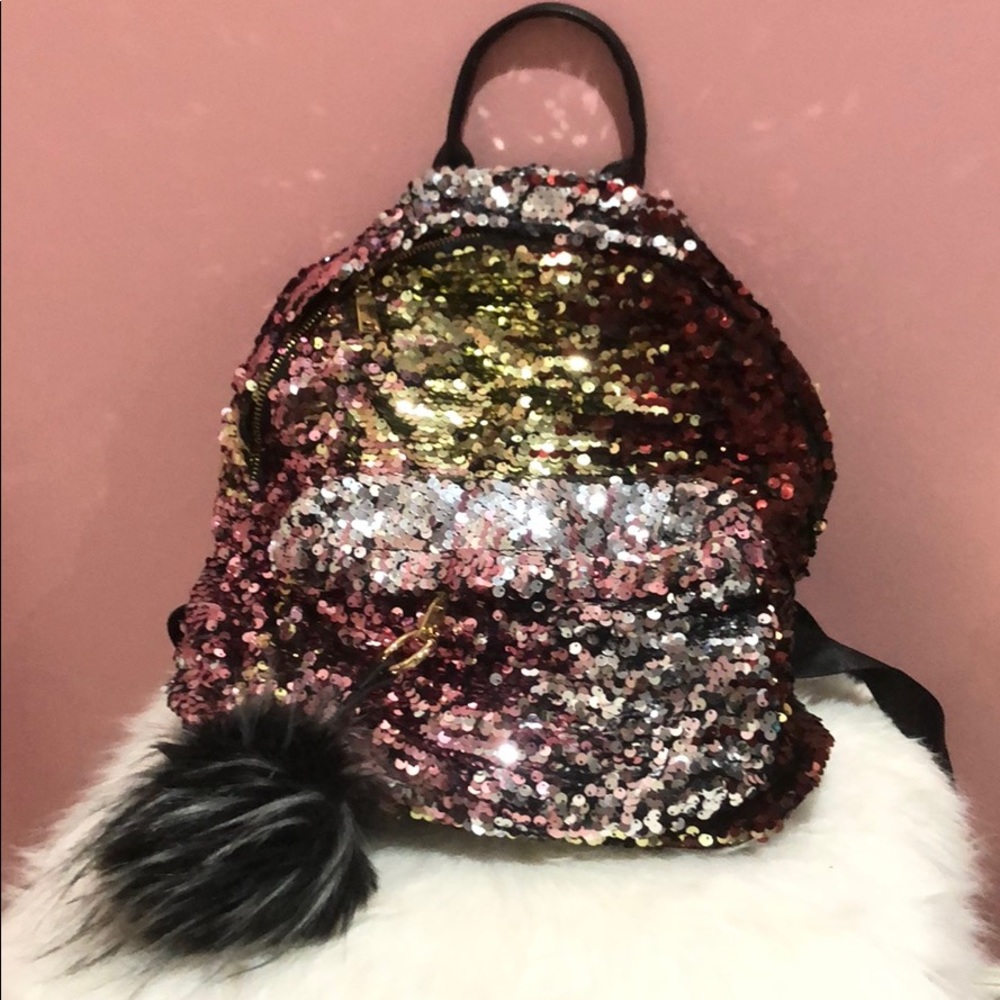 Sequined rainbow backpack with Pom Pom